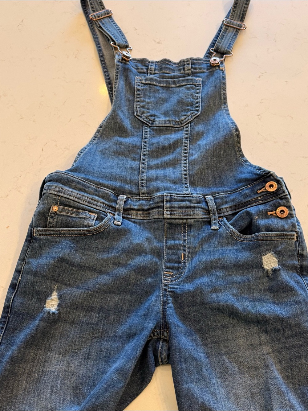 abercrombie kids denim overall in blue with red label